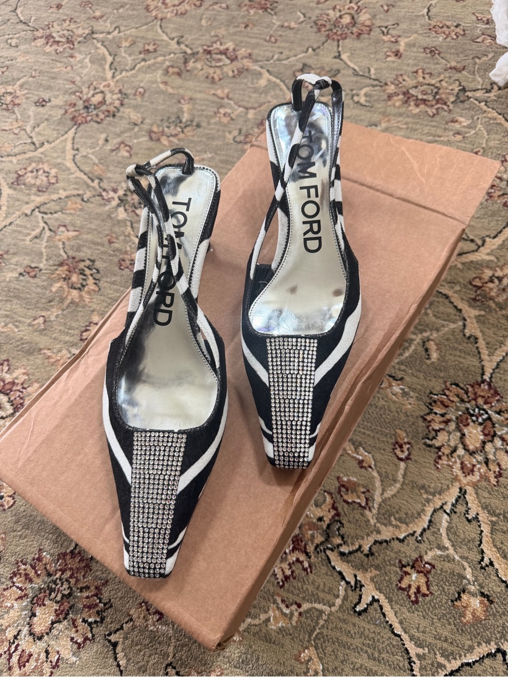Tom Ford Black and White Crystal-Trim Slingback Pumps